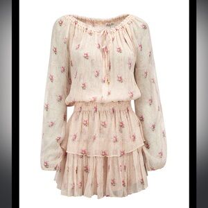 LoveShackFancy Silk Pink Floral Metallic Mini Dress